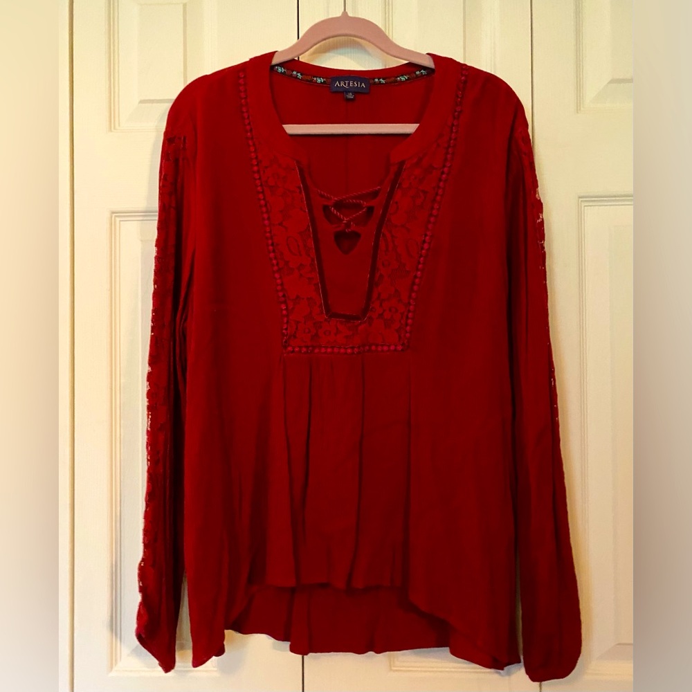 Artesia Women's Deep Red Lace-Up Blouse, NWOT